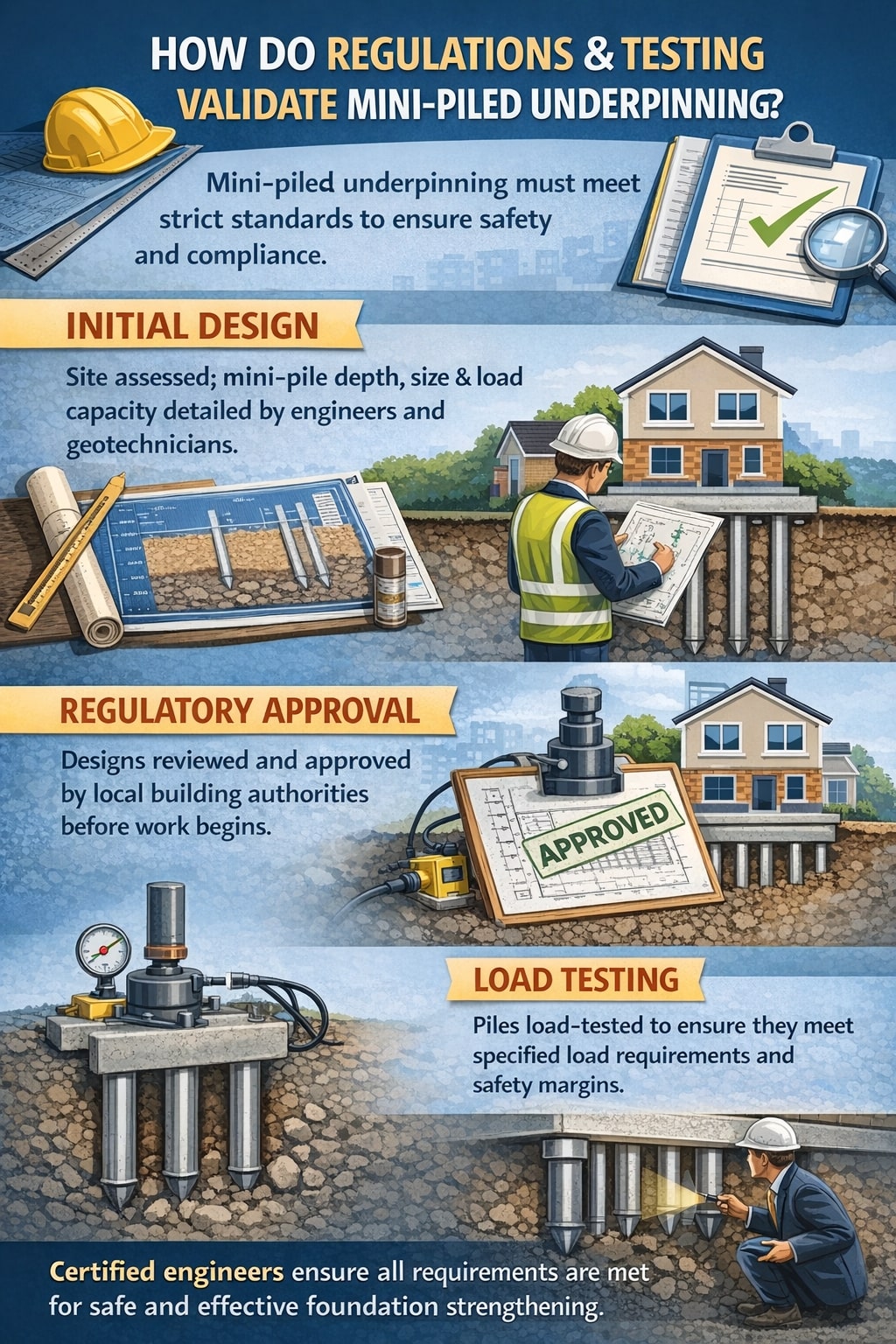How do regulations and testing validate mini-piled underpinning