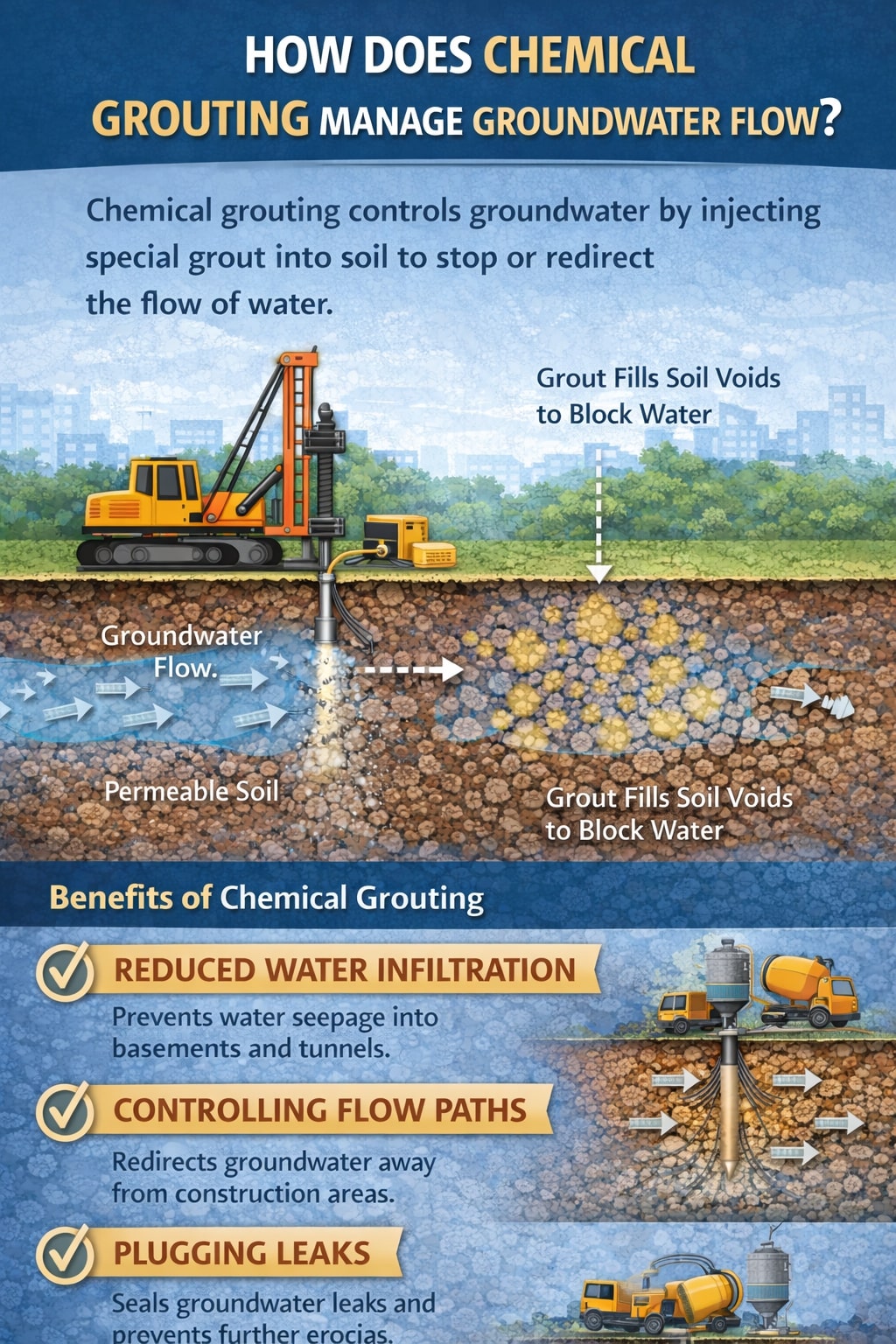 How does chemical grouting manage groundwater flow