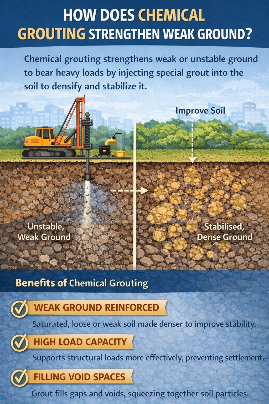 How does chemical grouting strengthen weak ground