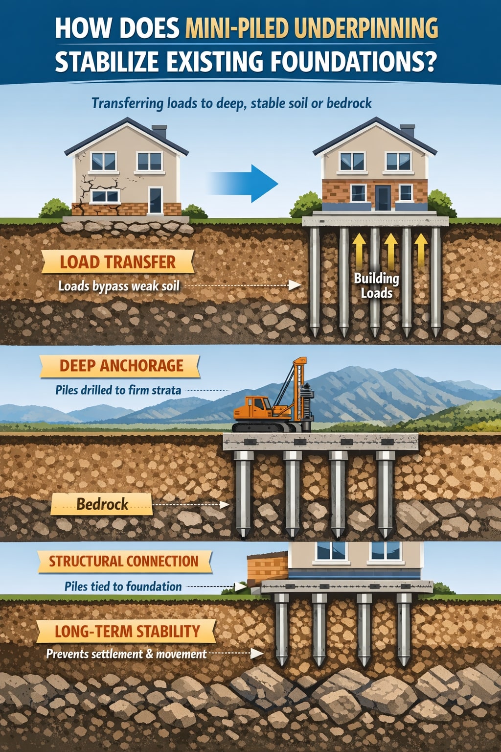 How does mini-piled underpinning stabilize existing foundations