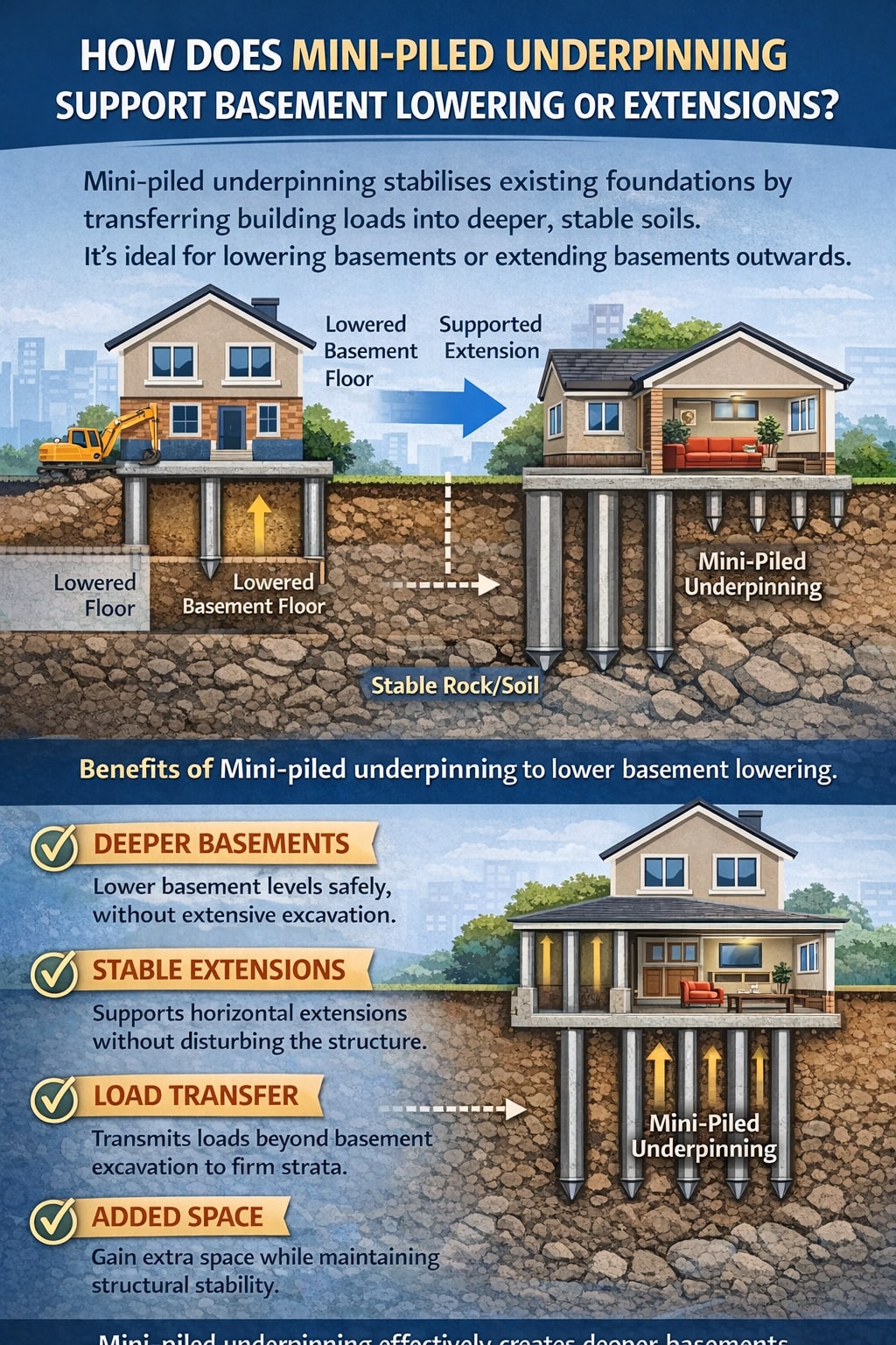 How does mini-piled underpinning support basement lowering or extensions