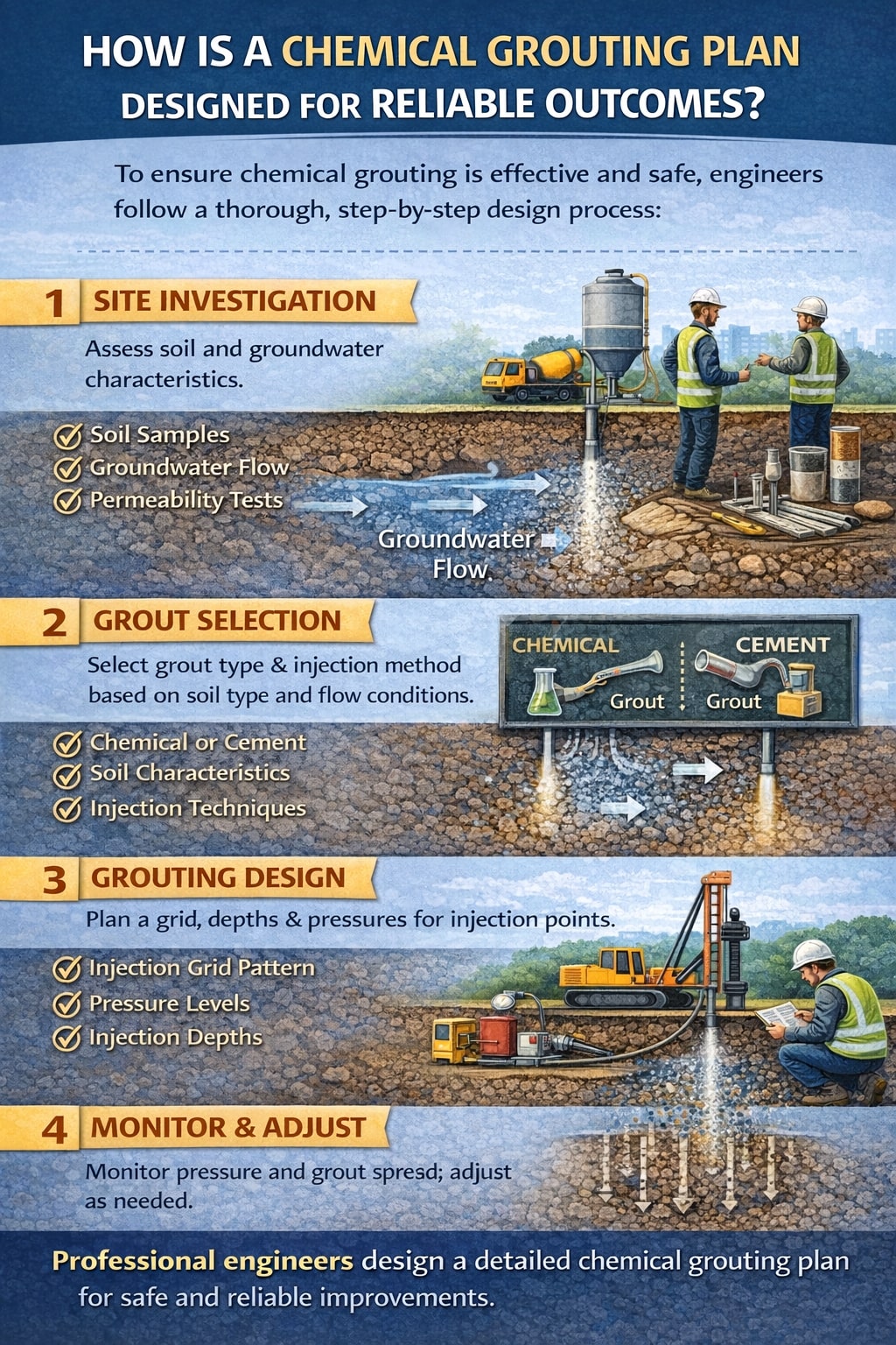 How is a chemical grouting plan designed for reliable outcomes