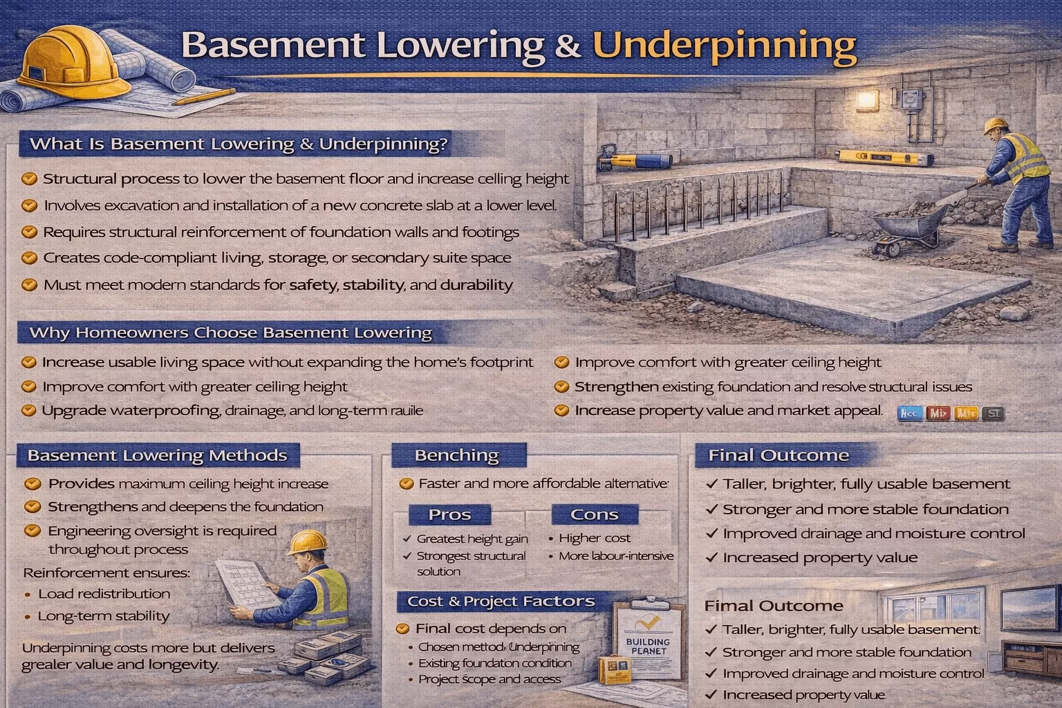 Basement Lowering and Underpinning: Process, Height Gain, and Code Compliance