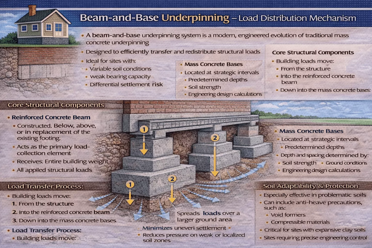 How Do Beam-and-Base Underpinning Systems Distribute Structural Loads?