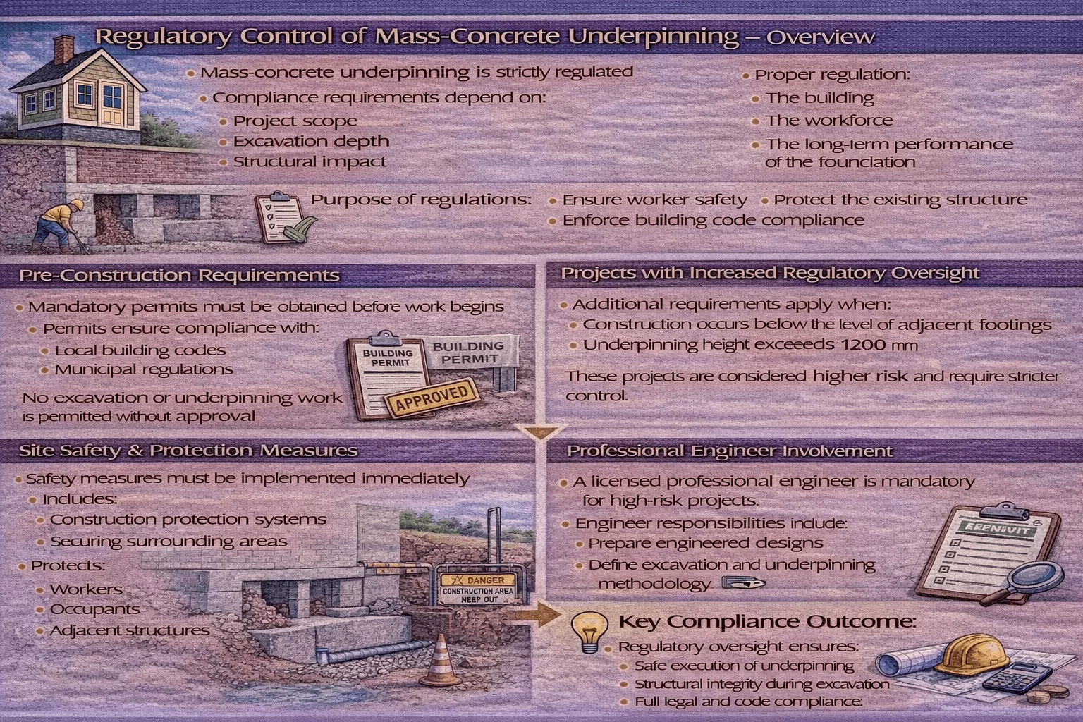 How do regulations control mass-concrete underpinning work