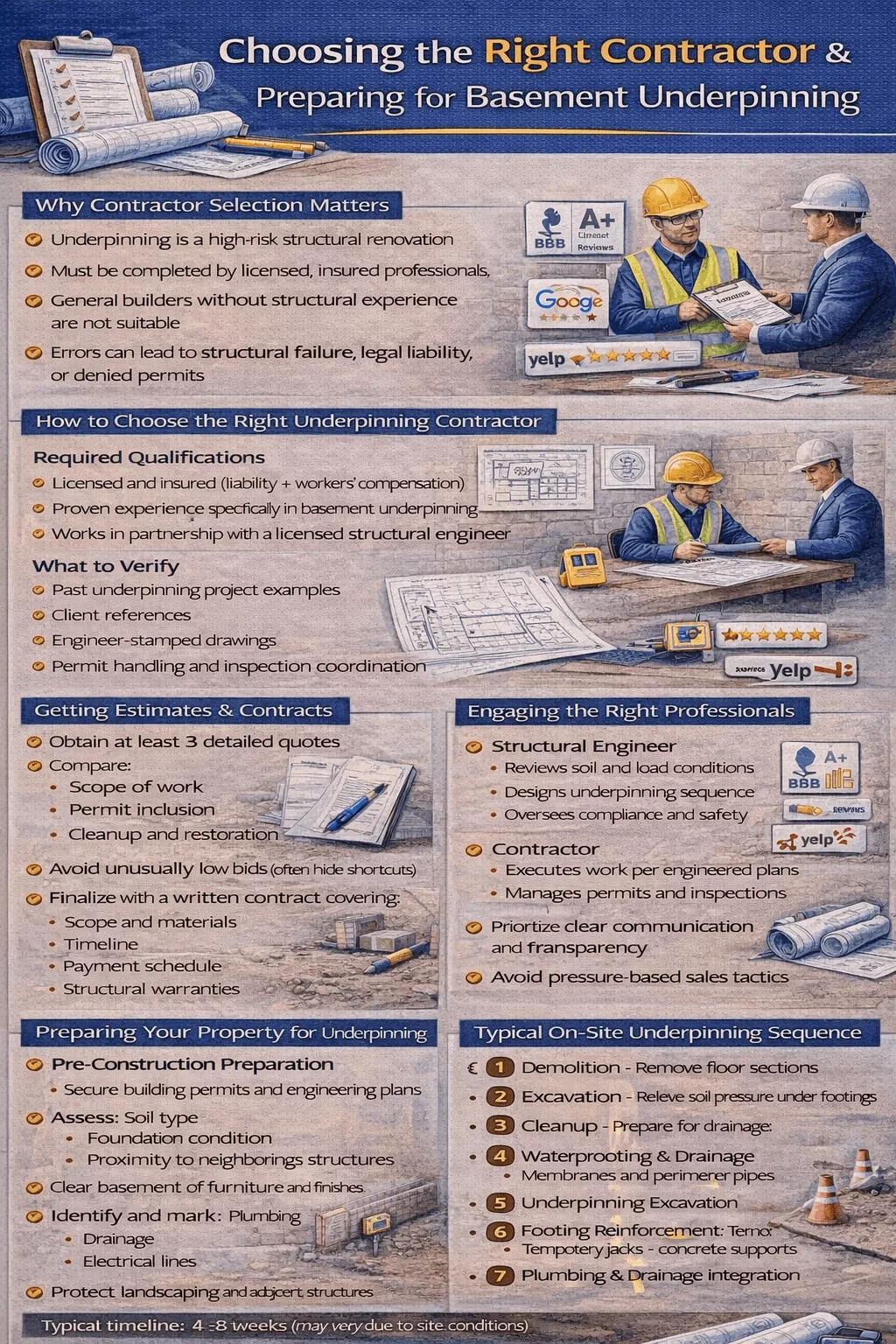 How do you choose a contractor and prepare your site for underpinning basement walls