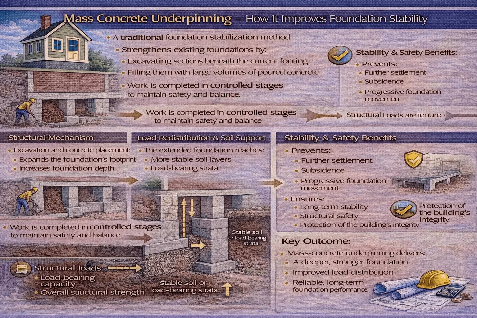 How does mass-concrete underpinning improve foundation stability