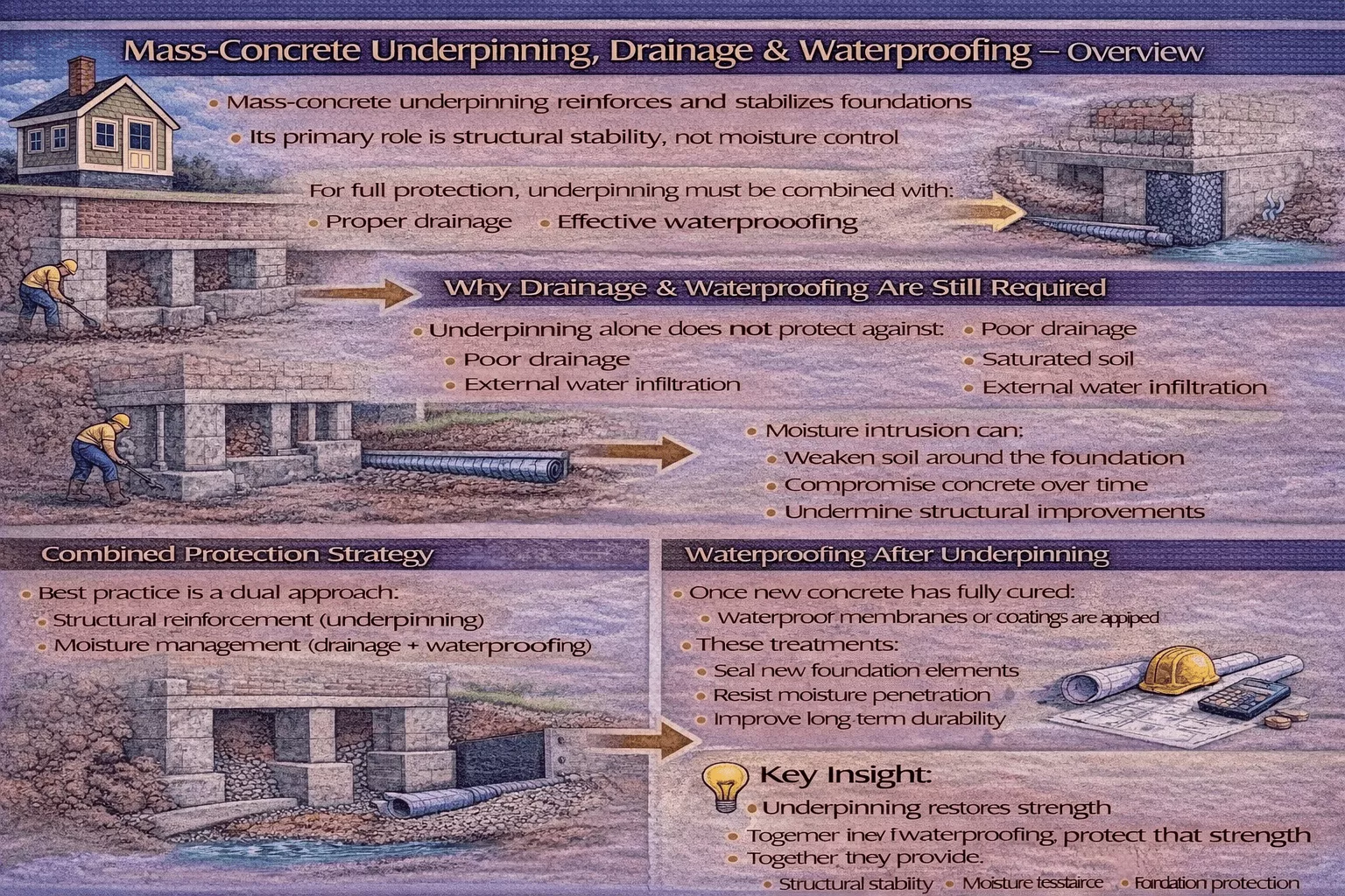 How does mass-concrete underpinning link with drainage and waterproofing