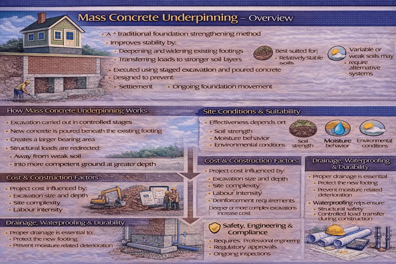 Mass Concrete Underpinning: Method, Stability Mechanics, and Structural Suitability