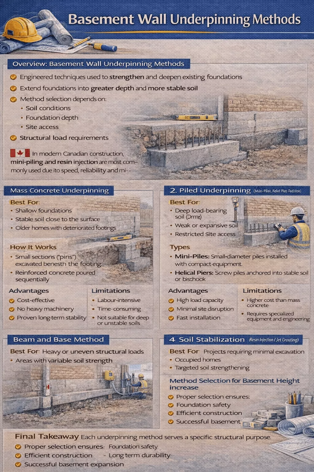 What are the main methods used for underpinning basement walls