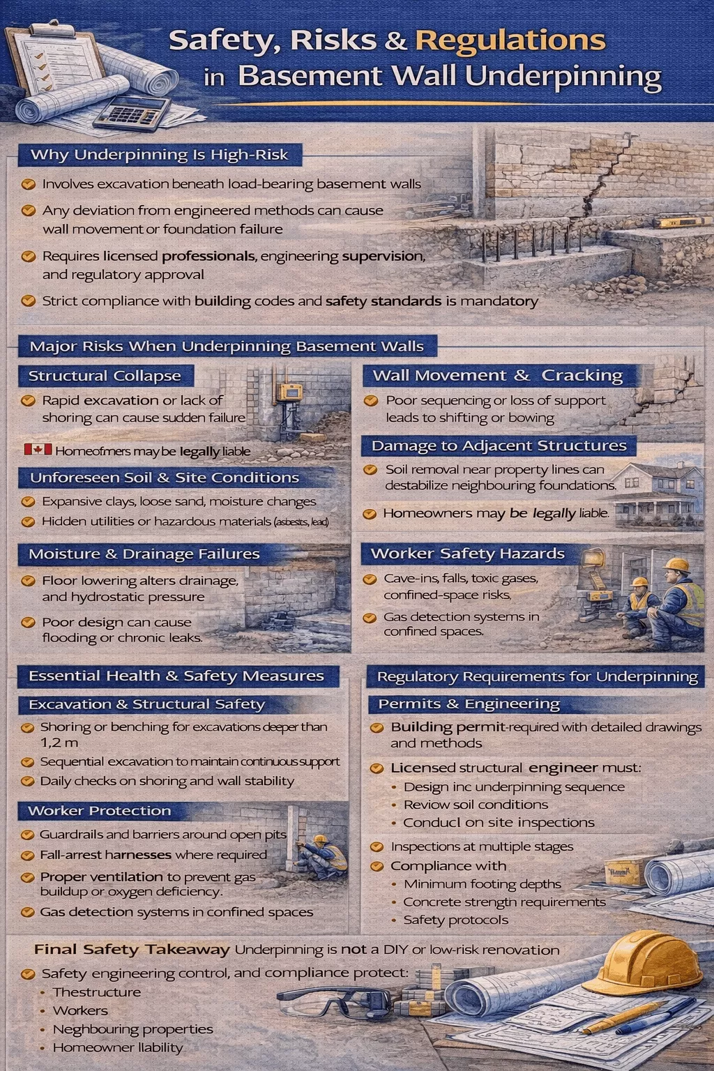 What are the risks and regulatory requirements when underpinning basement walls