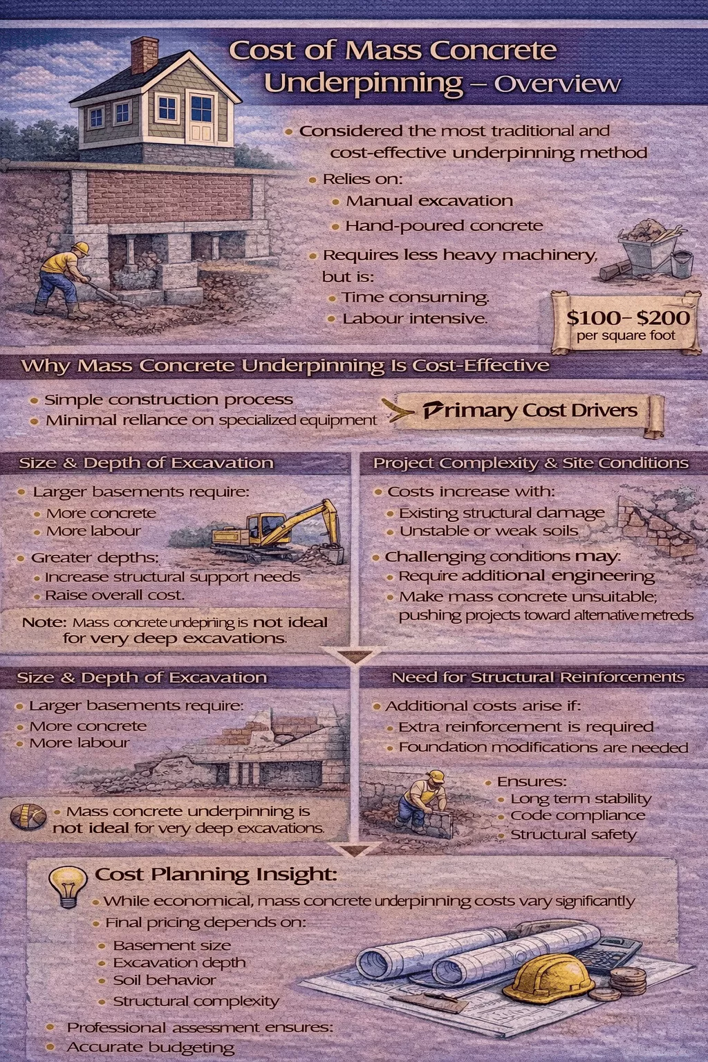 What drives the total cost of mass-concrete underpinning