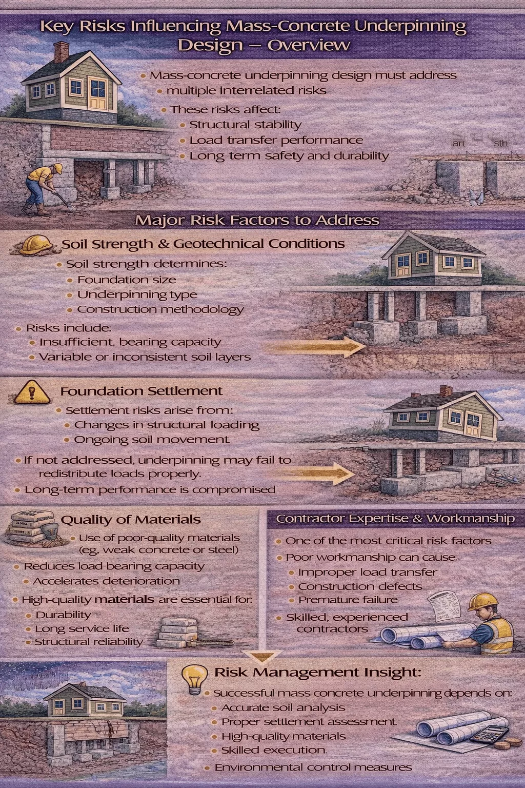 Which risks influence mass-concrete underpinning design