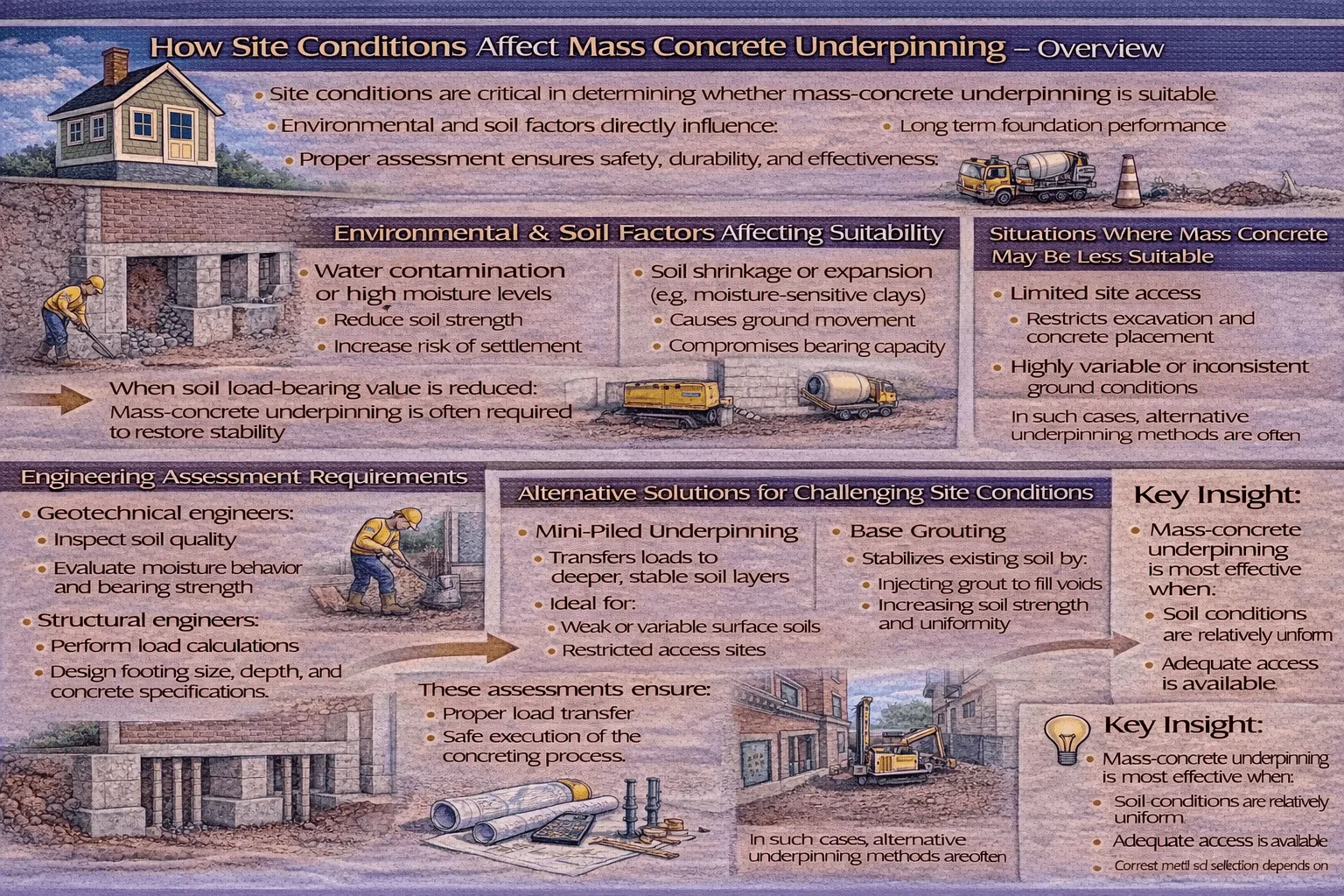 Why do site conditions affect mass-concrete underpinning suitability