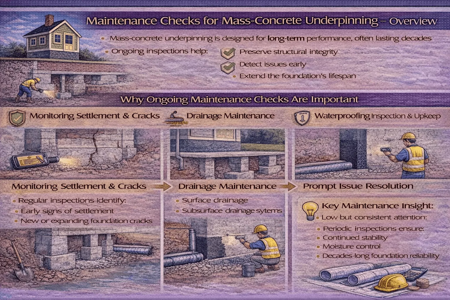 Why does mass-concrete underpinning require ongoing maintenance checks